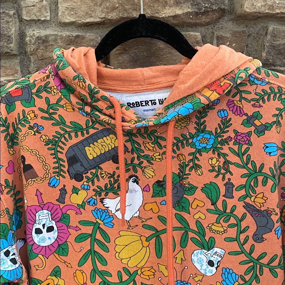Orange hoodie with skull, dice, dove graphics  with pockets. Small - Picture 3 of 16